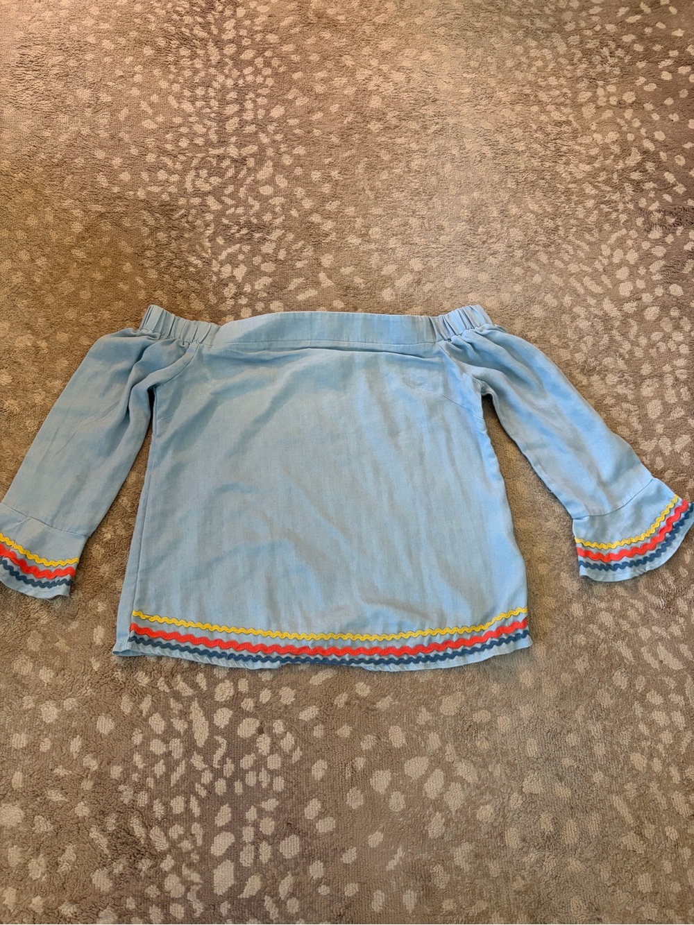 Light Blue Off-Shoulder Blouse with Rainbow Trim